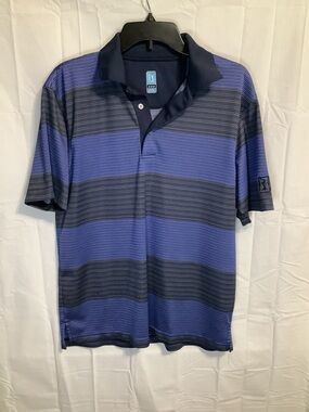 PGA Tour Navy and Royal Blue Striped Polo Medium